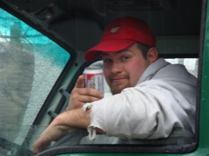 Cory after a long Friday (don't worry, he's not actually driving the truck). 